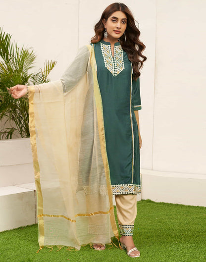 Hunter Green Embroidery Chinnon Straight Kurta With Pant And Dupatta