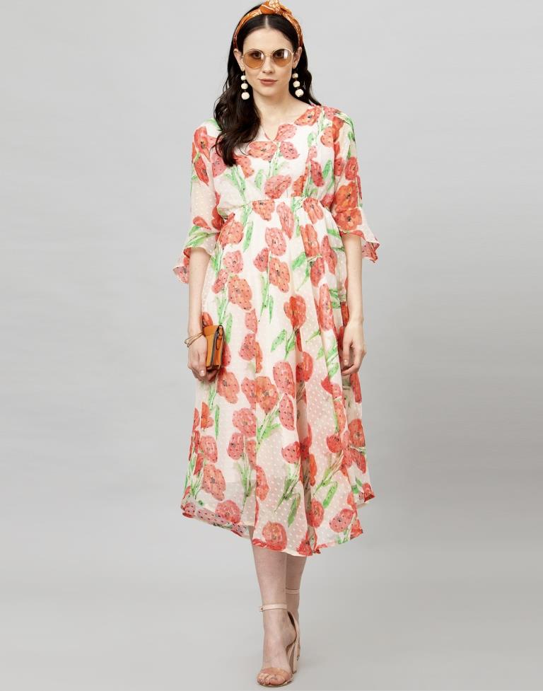 Off White Coloured Printed Chiffon Dress | Sudathi
