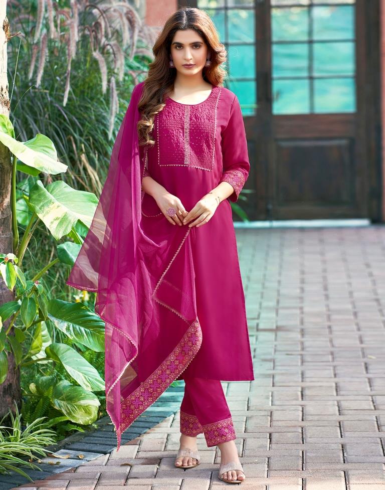 Pink Cotton Sequence Straight Kurta Set With Dupatta