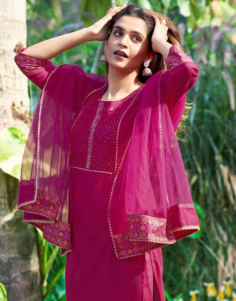 Pink Cotton Sequence Straight Kurta Set With Dupatta