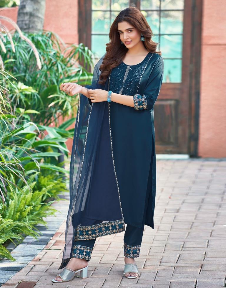 Blue Plain Cotton Straight Kurta Set With Dupatta