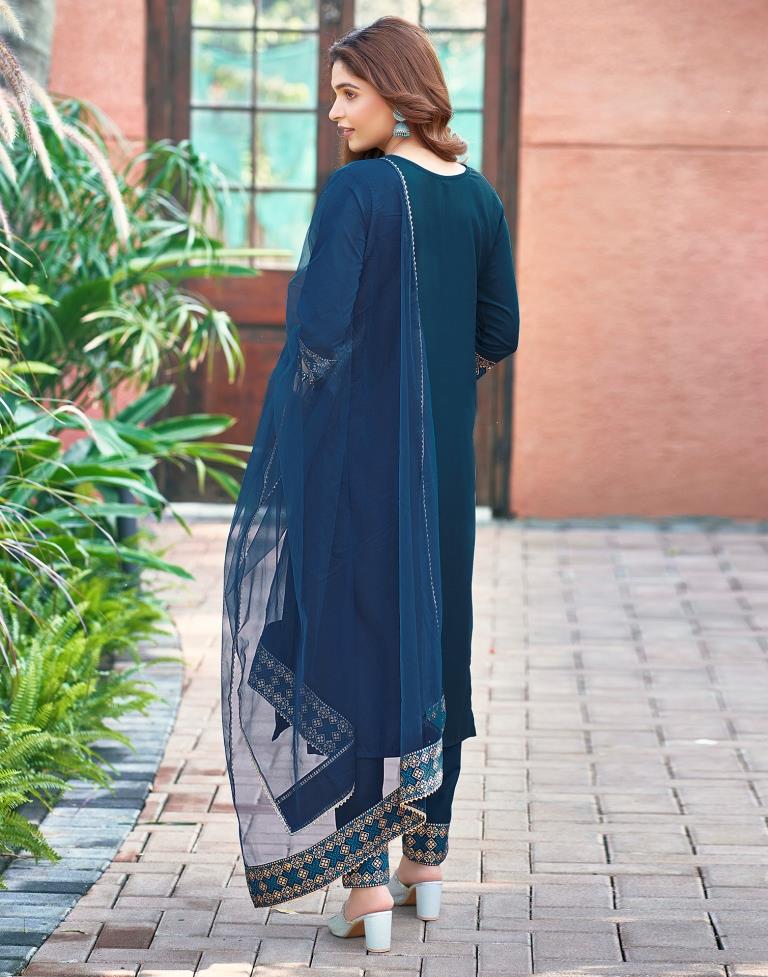 Blue Plain Cotton Straight Kurta Set With Dupatta