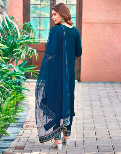 Blue Plain Cotton Straight Kurta Set With Dupatta