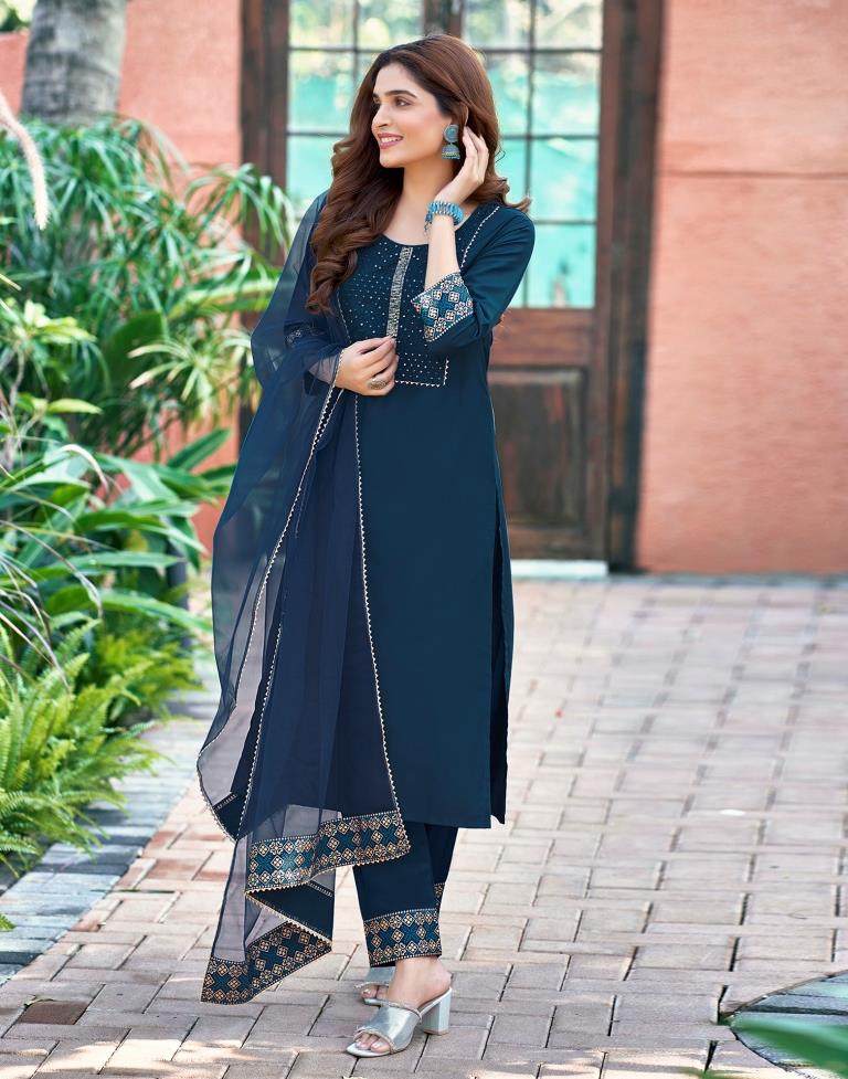 Blue Plain Cotton Straight Kurta Set With Dupatta