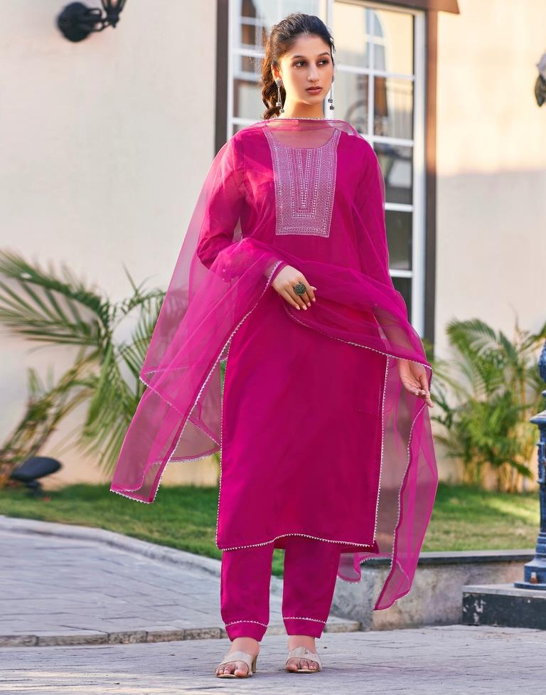 Pink Cotton Embroidery Straight Kurta Set With Dupatta