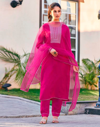 Pink Cotton Embroidery Straight Kurta Set With Dupatta