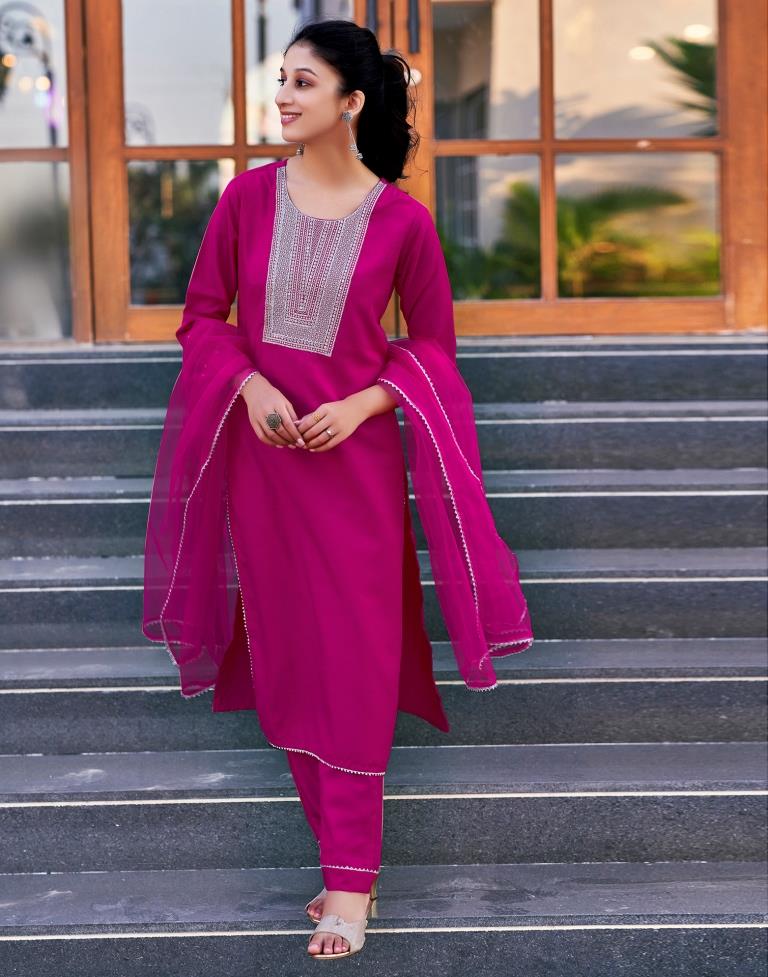 Pink Cotton Embroidery Straight Kurta Set With Dupatta