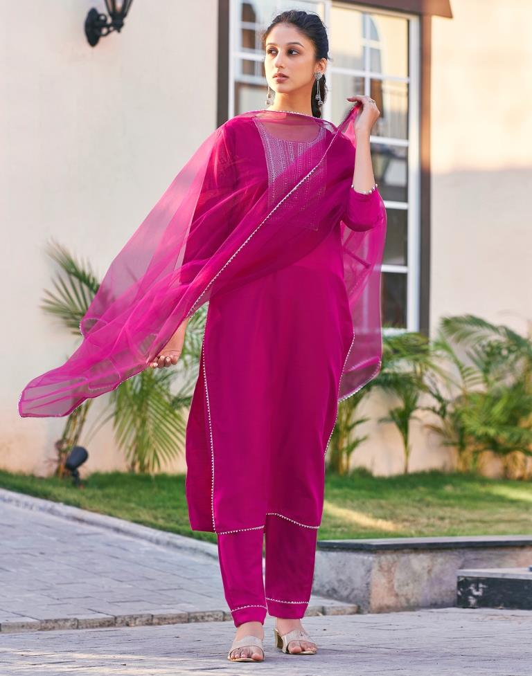 Pink Cotton Embroidery Straight Kurta Set With Dupatta