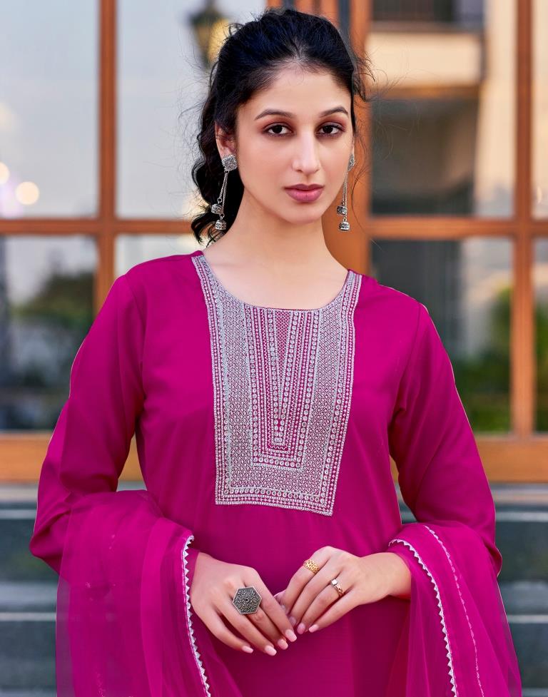 Pink Cotton Embroidery Straight Kurta Set With Dupatta