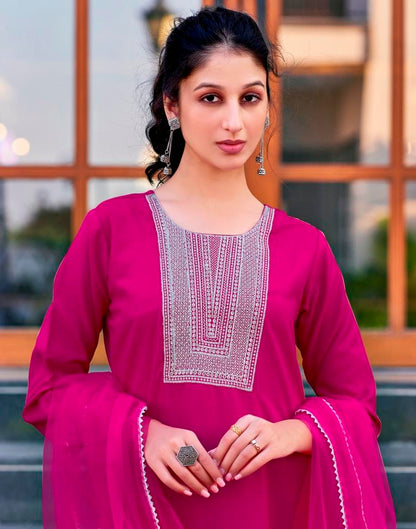 Pink Cotton Embroidery Straight Kurta Set With Dupatta