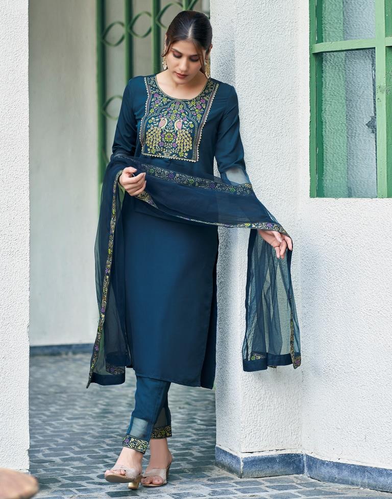 Teal Blue Cotton Printed Straight Kurta Set With Dupatta