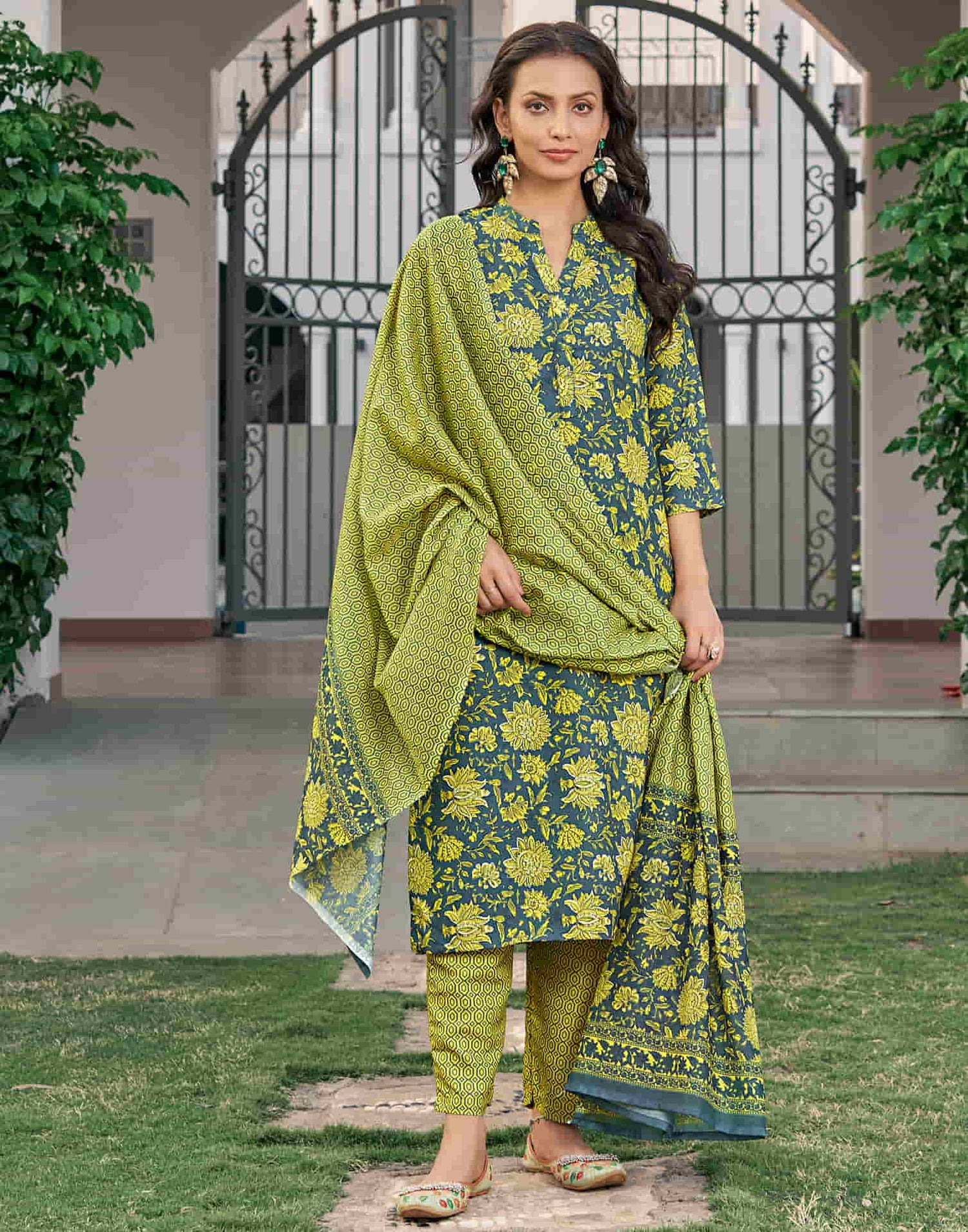 Moss Green Printed Rayon Straight Kurta With Pant And Dupatta