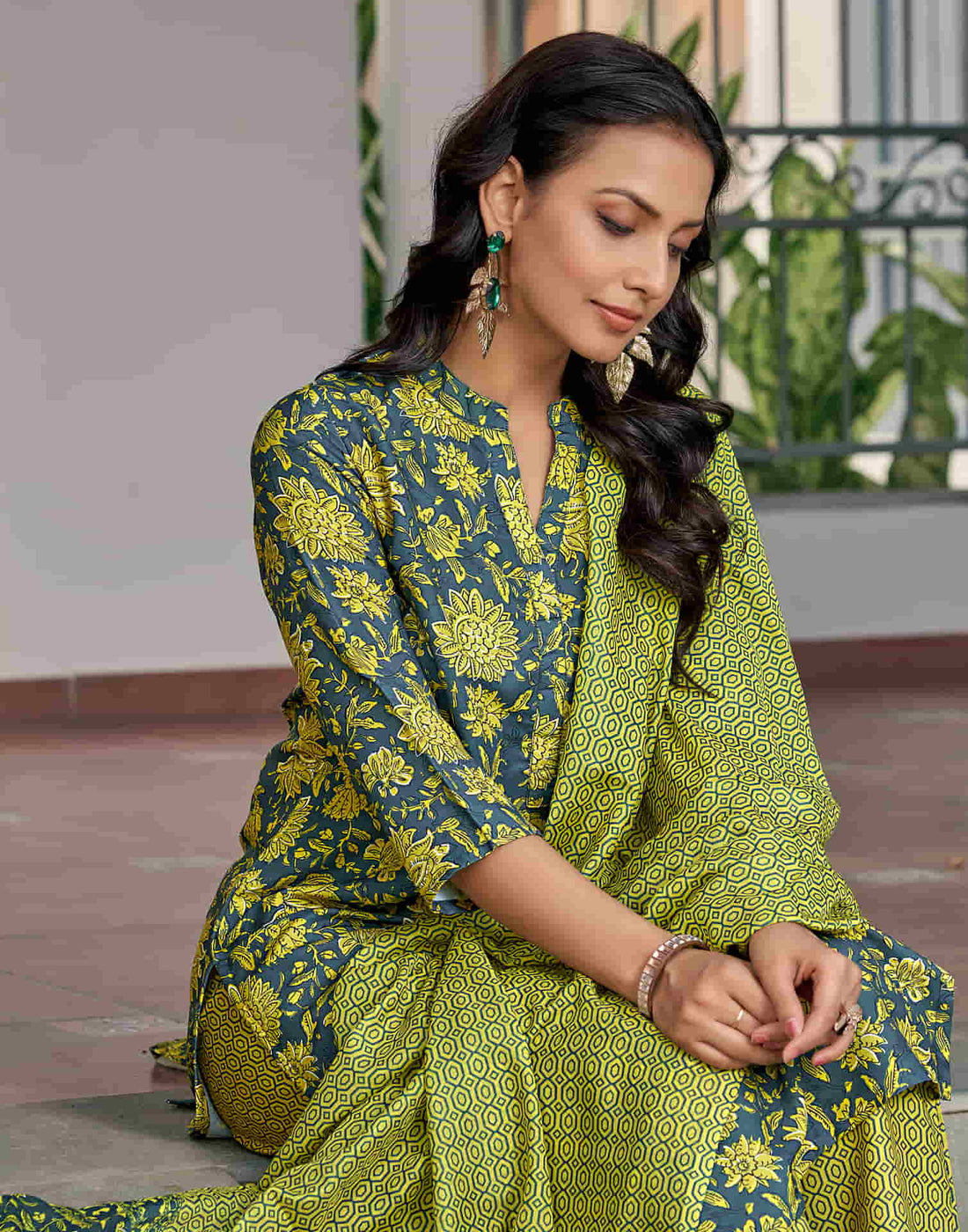 Moss Green Printed Rayon Straight Kurta With Pant And Dupatta