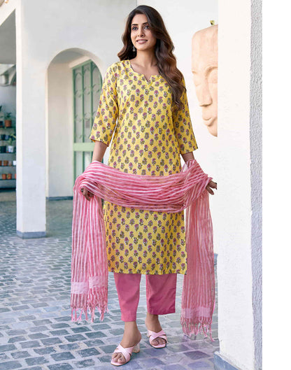 Yellow Printed Rayon Straight Kurta With Pant And Dupatta