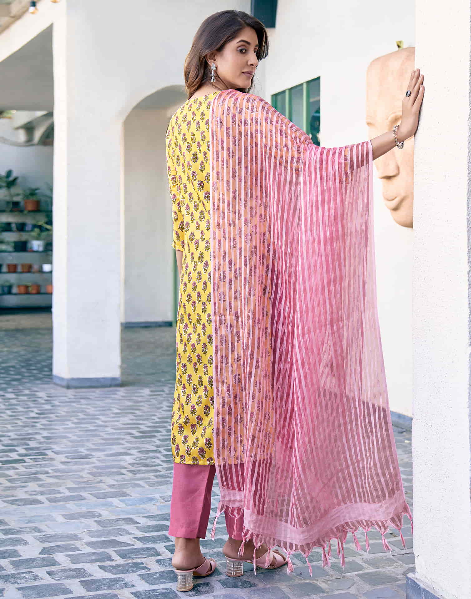 Yellow Printed Rayon Straight Kurta With Pant And Dupatta