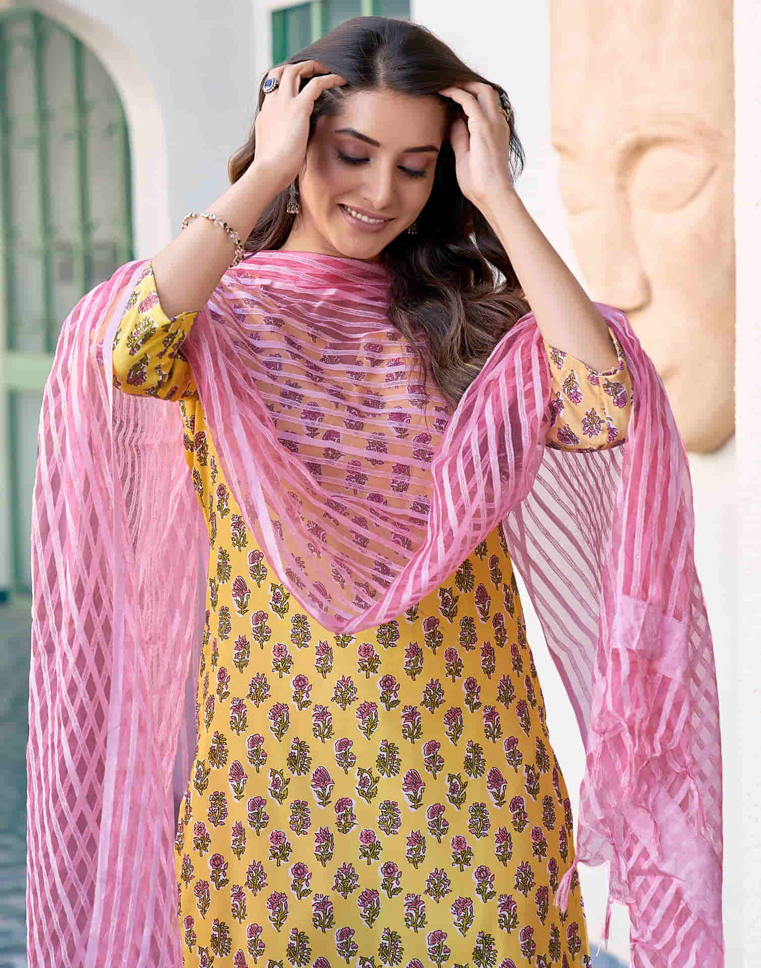 Yellow Printed Rayon Straight Kurta With Pant And Dupatta