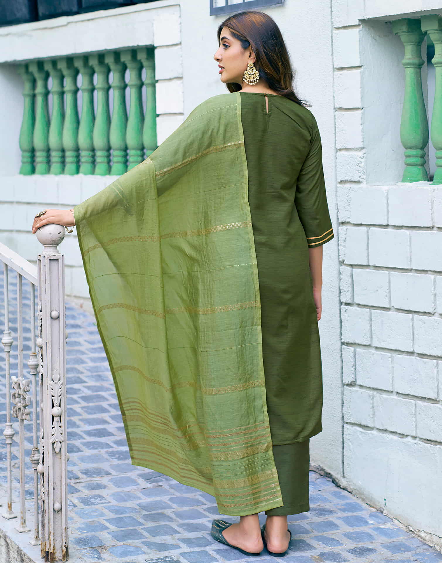 Olive Green Embroidery Silk Straight Kurta With Pant And Dupatta