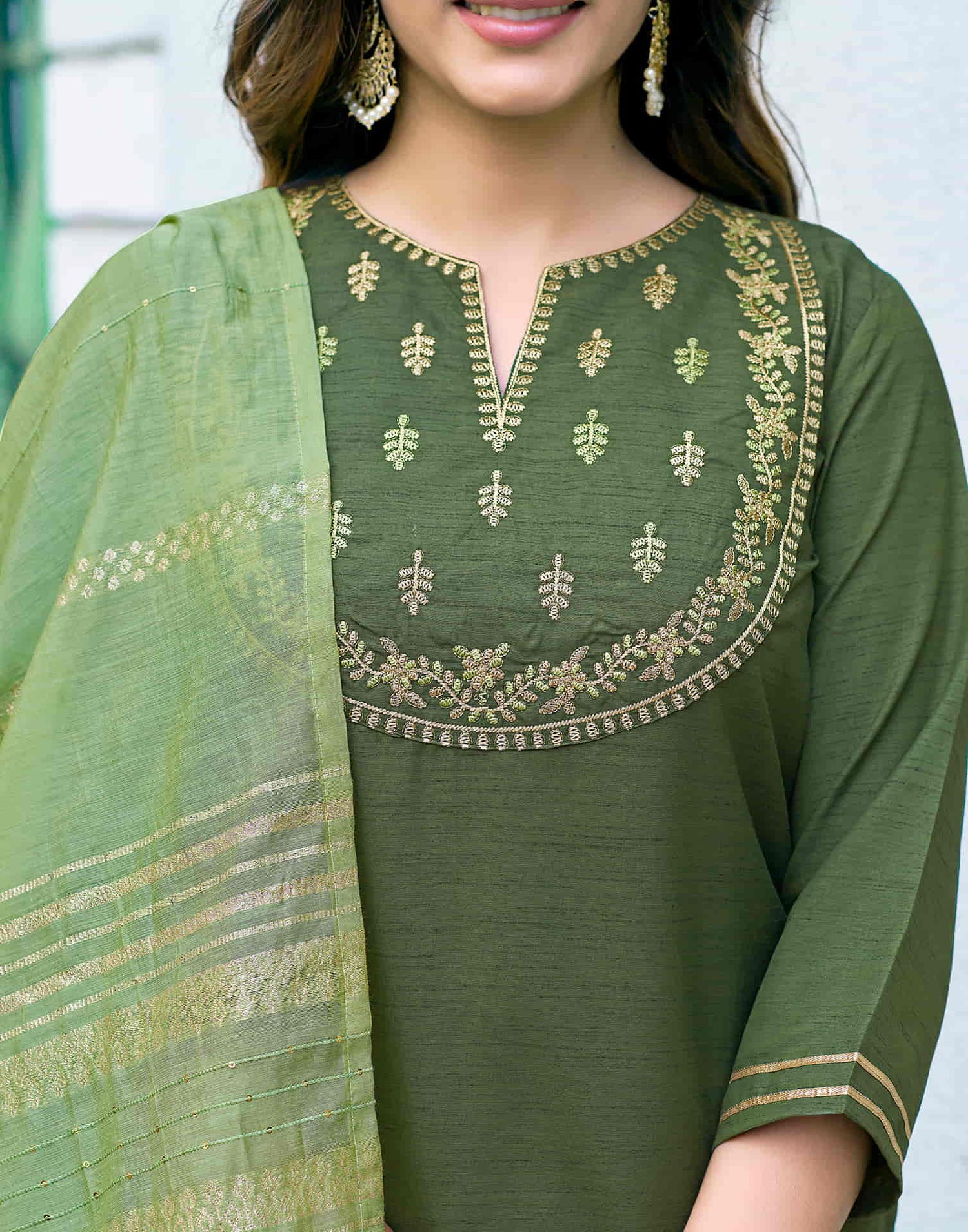 Olive Green Embroidery Silk Straight Kurta With Pant And Dupatta