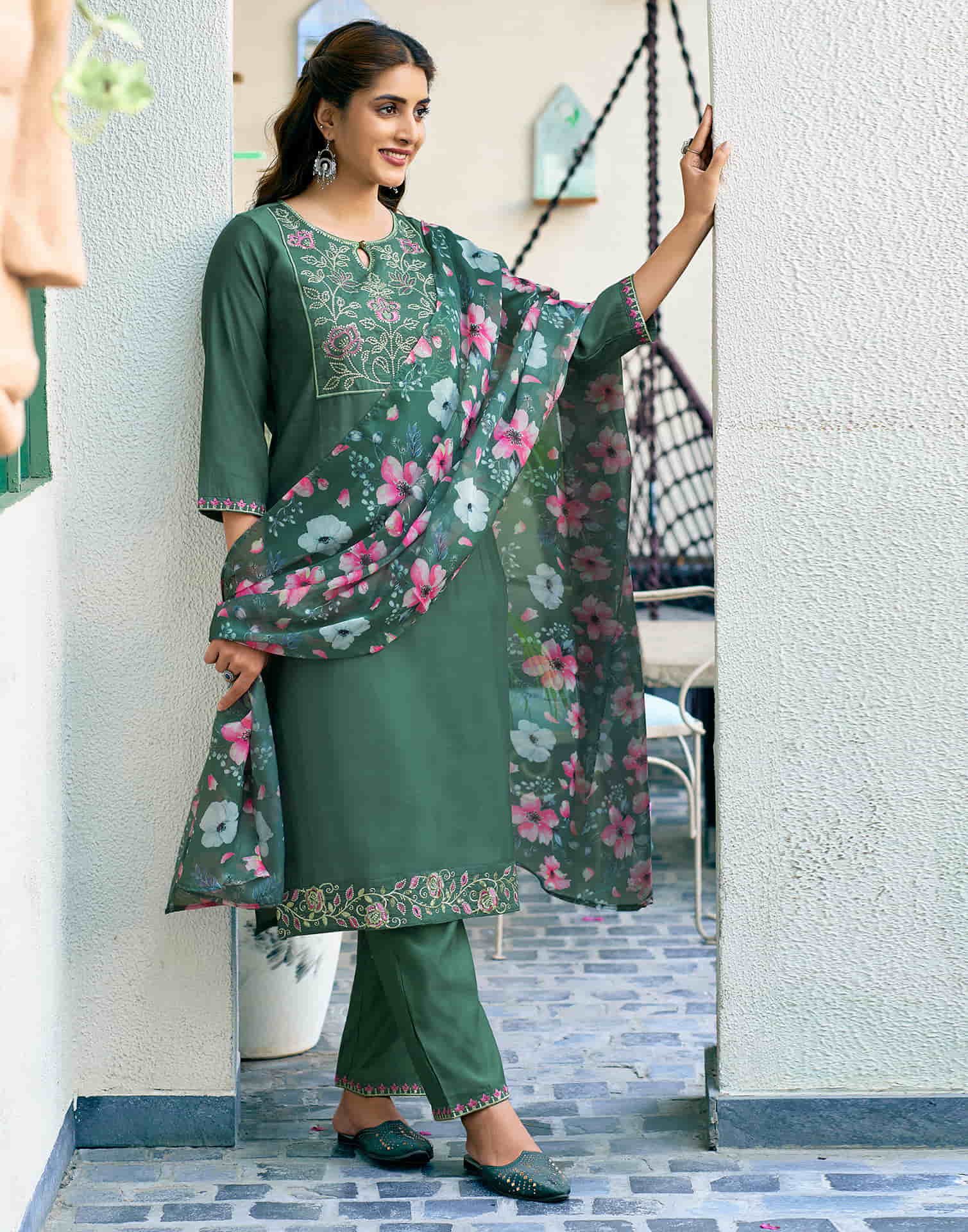 Moss Green Sequence Silk Straight Kurta With Pant And Dupatta