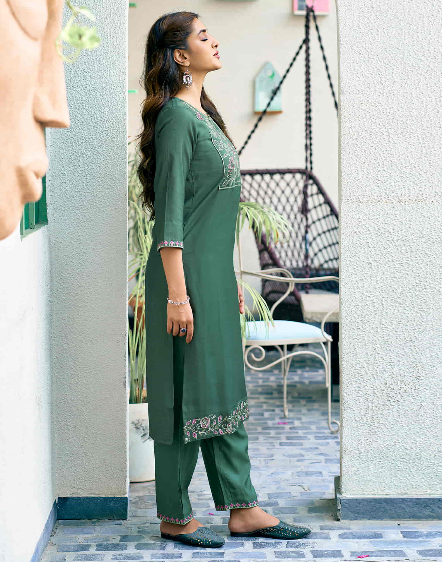 Moss Green Sequence Silk Straight Kurta With Pant And Dupatta