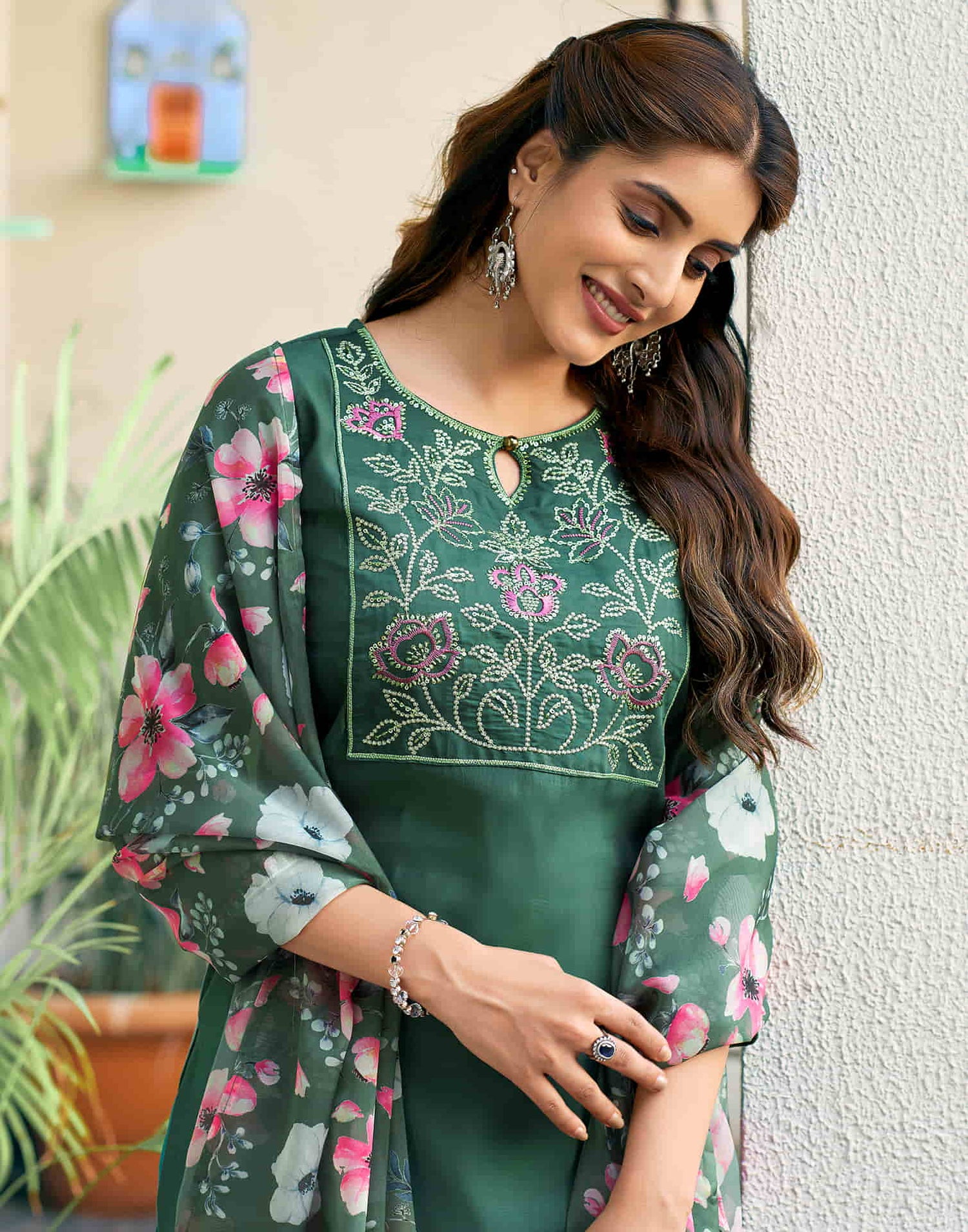 Moss Green Sequence Silk Straight Kurta With Pant And Dupatta