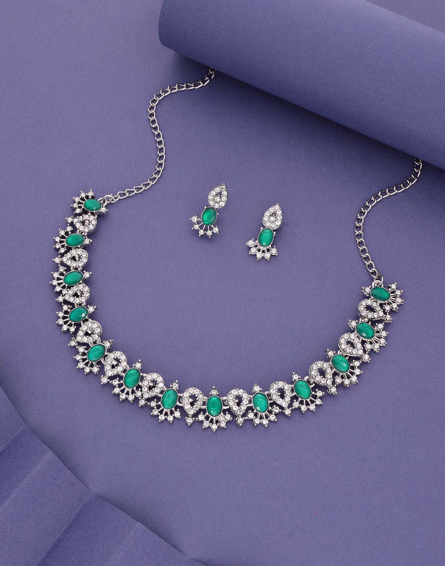 Green Rhodium Silver Choker Necklace Set With Stud Earring