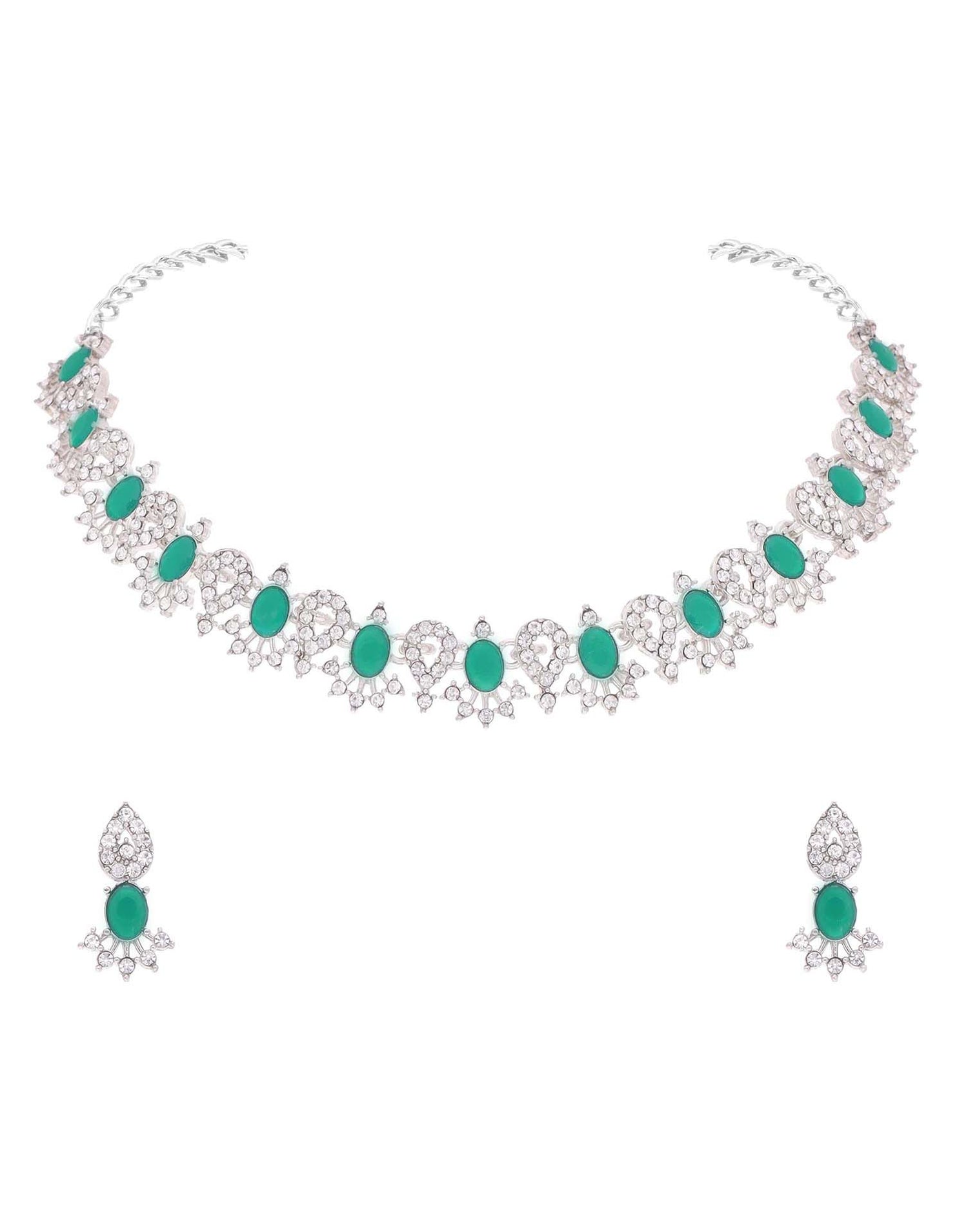 Green Rhodium Silver Choker Necklace Set With Stud Earring