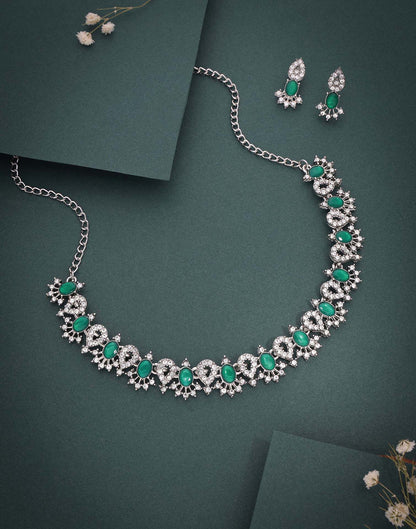 Green Rhodium Silver Choker Necklace Set With Stud Earring