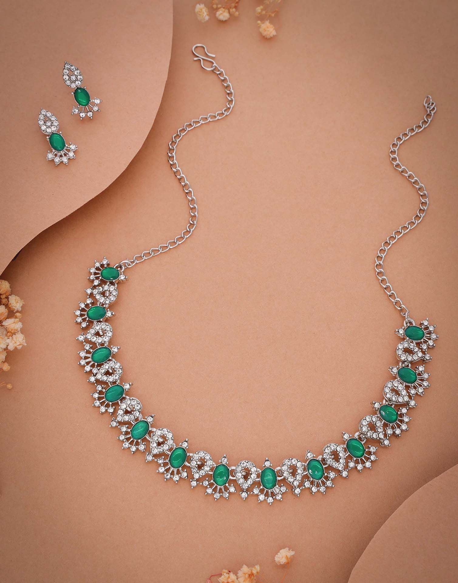 Green Rhodium Silver Choker Necklace Set With Stud Earring