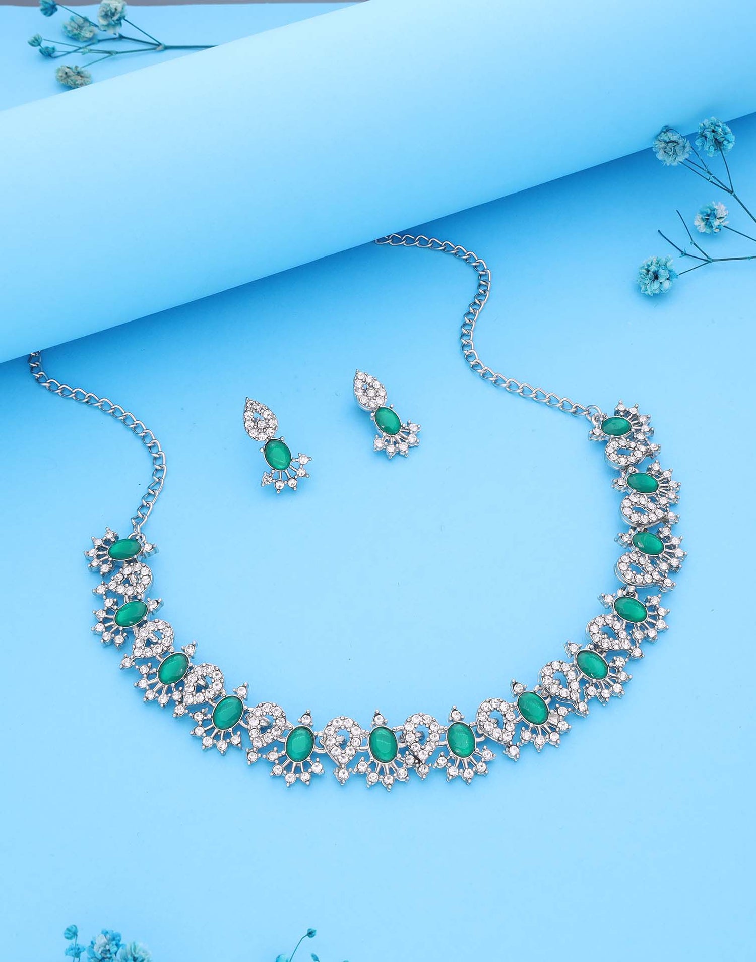 Green Rhodium Silver Choker Necklace Set With Stud Earring