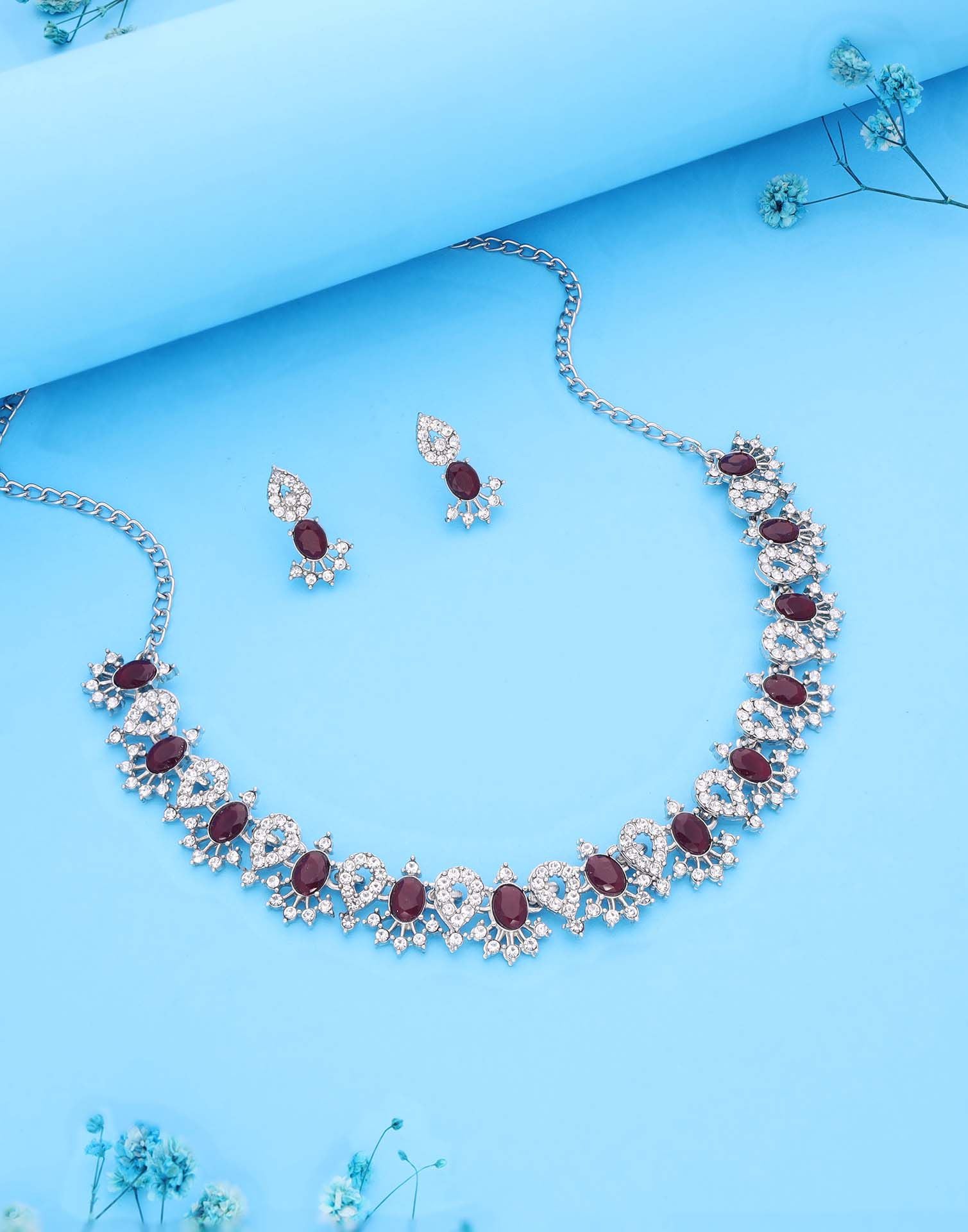 Maroon Rhodium Silver Choker Necklace Set With Stud Earring