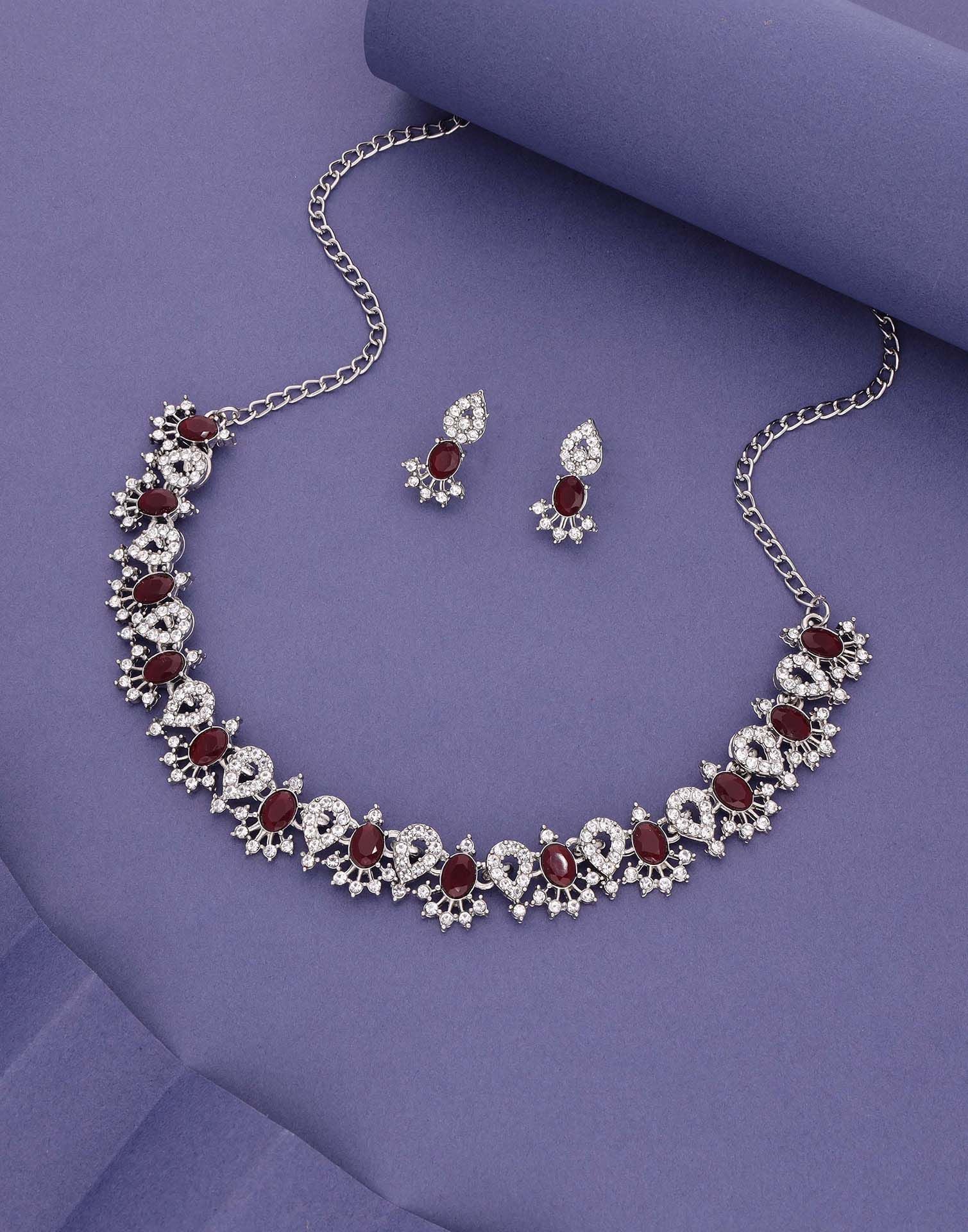 Maroon Rhodium Silver Choker Necklace Set With Stud Earring