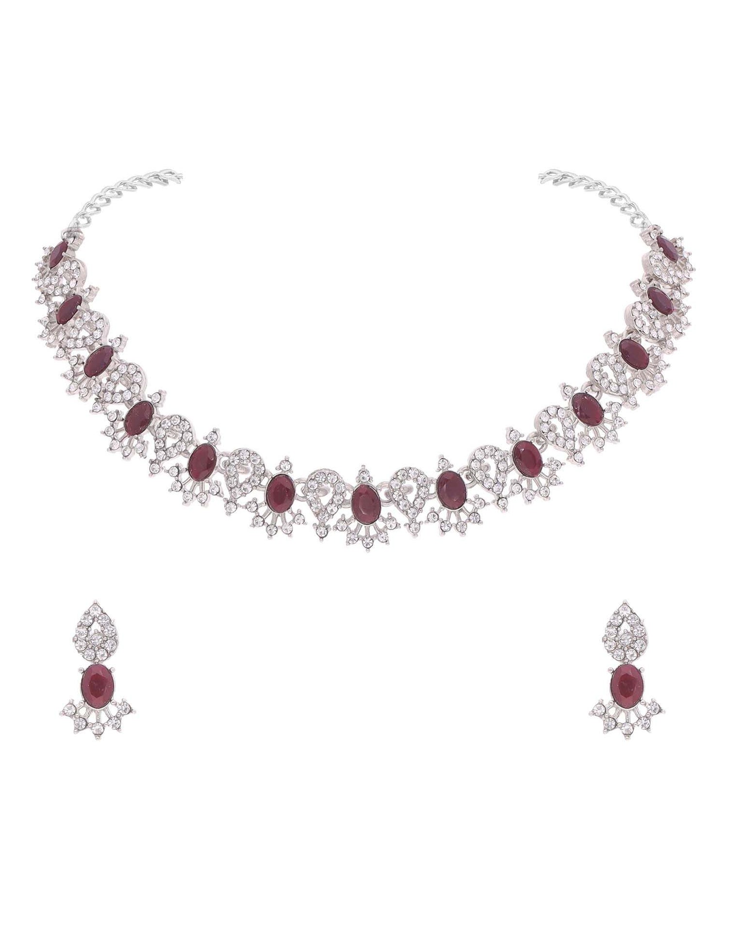 Maroon Rhodium Silver Choker Necklace Set With Stud Earring