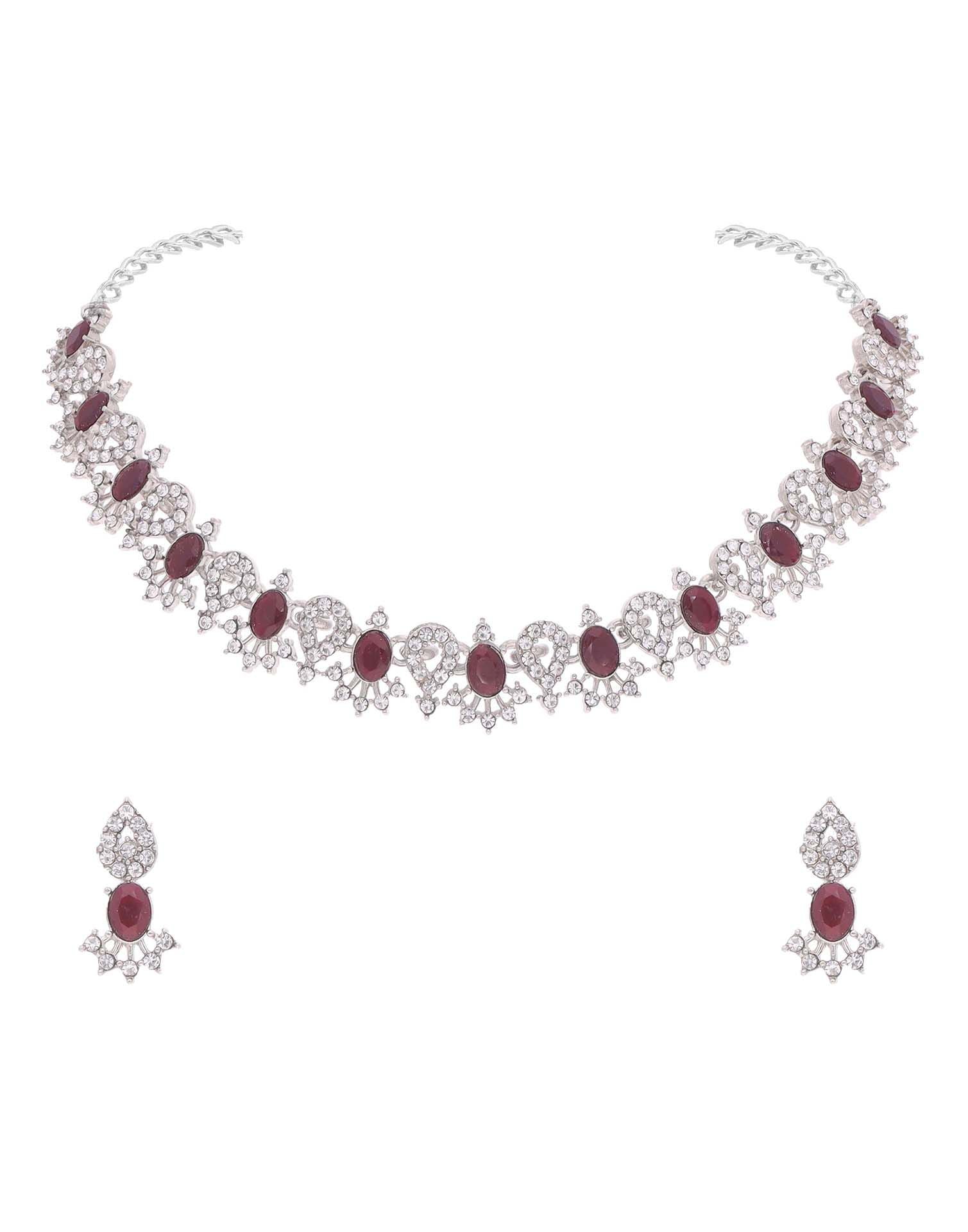 Maroon Rhodium Silver Choker Necklace Set With Stud Earring