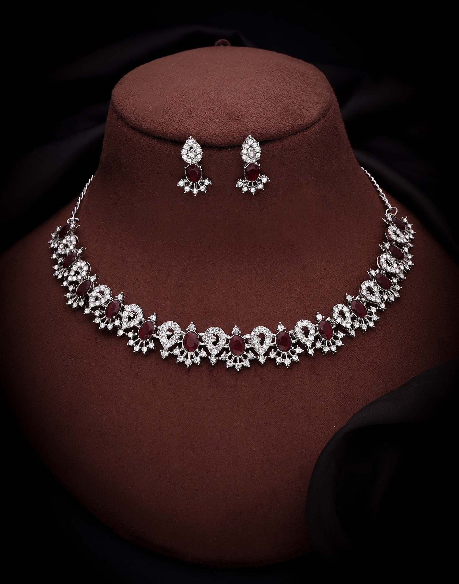 Maroon Rhodium Silver Choker Necklace Set With Stud Earring