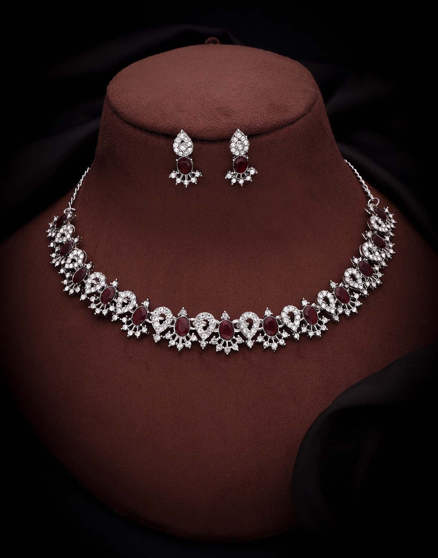 Maroon Rhodium Silver Choker Necklace Set With Stud Earring