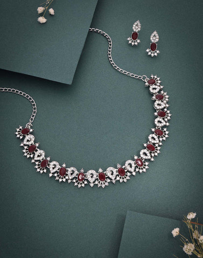 Maroon Rhodium Silver Choker Necklace Set With Stud Earring