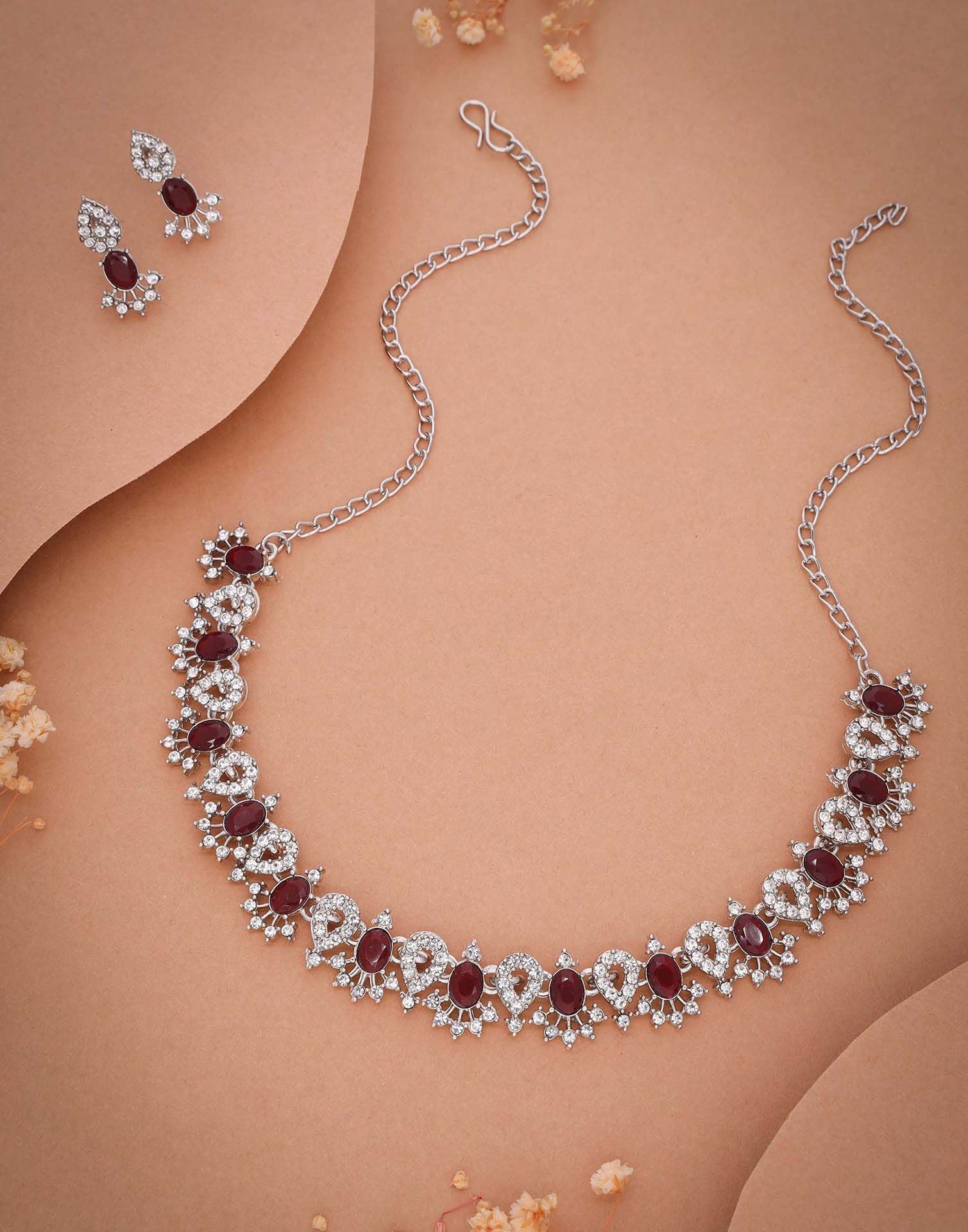 Maroon Rhodium Silver Choker Necklace Set With Stud Earring