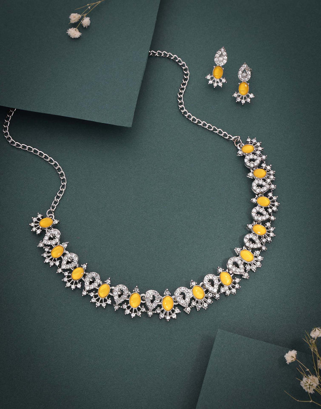 Yellow Rhodium Silver Choker Necklace Set With Stud Earring