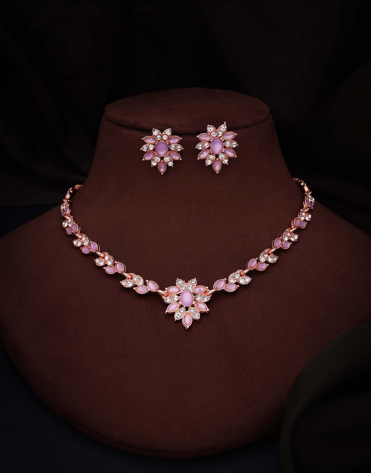 Purple Rose Gold Choker Necklace Set With Stud Earring