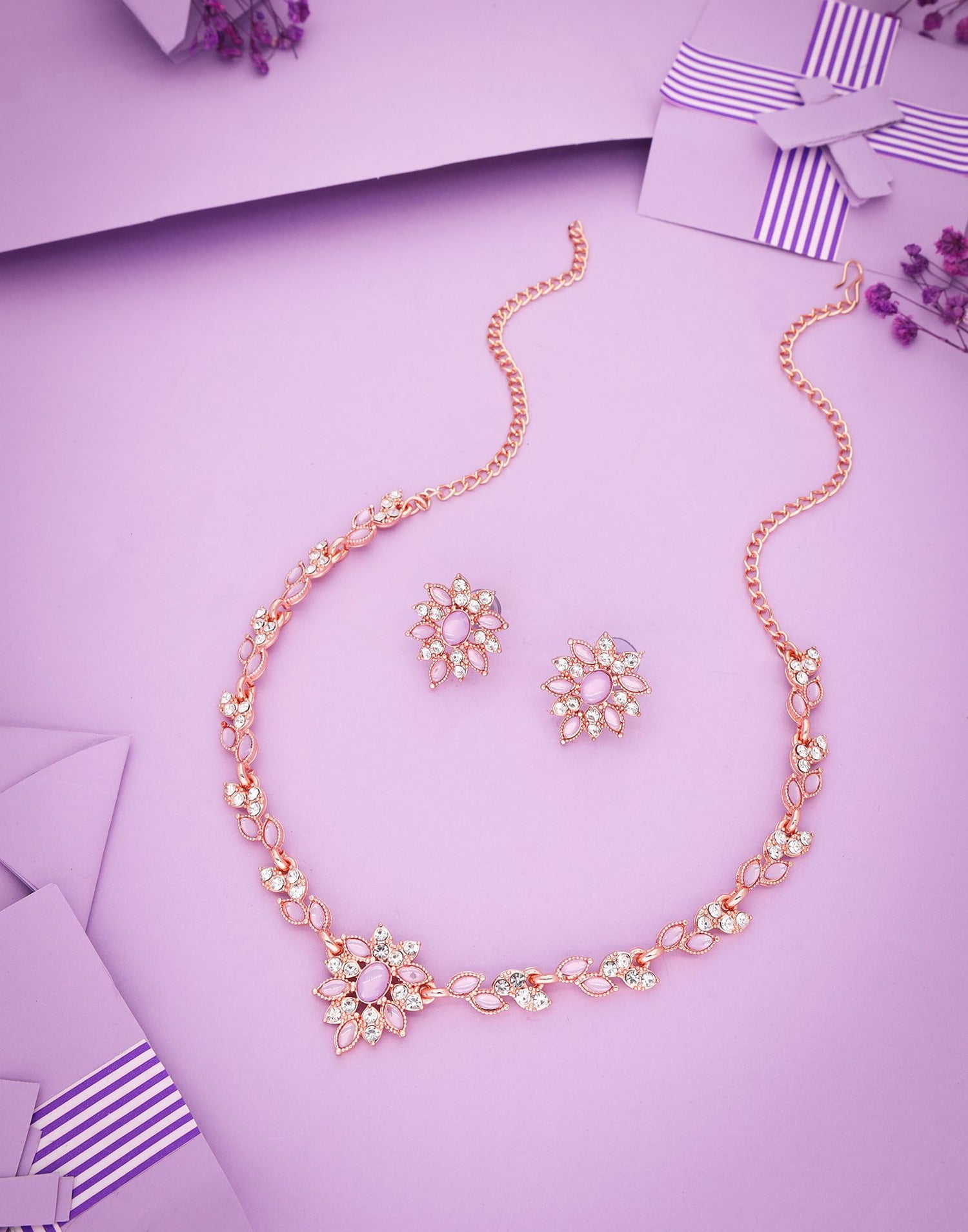 Purple Rose Gold Choker Necklace Set With Stud Earring