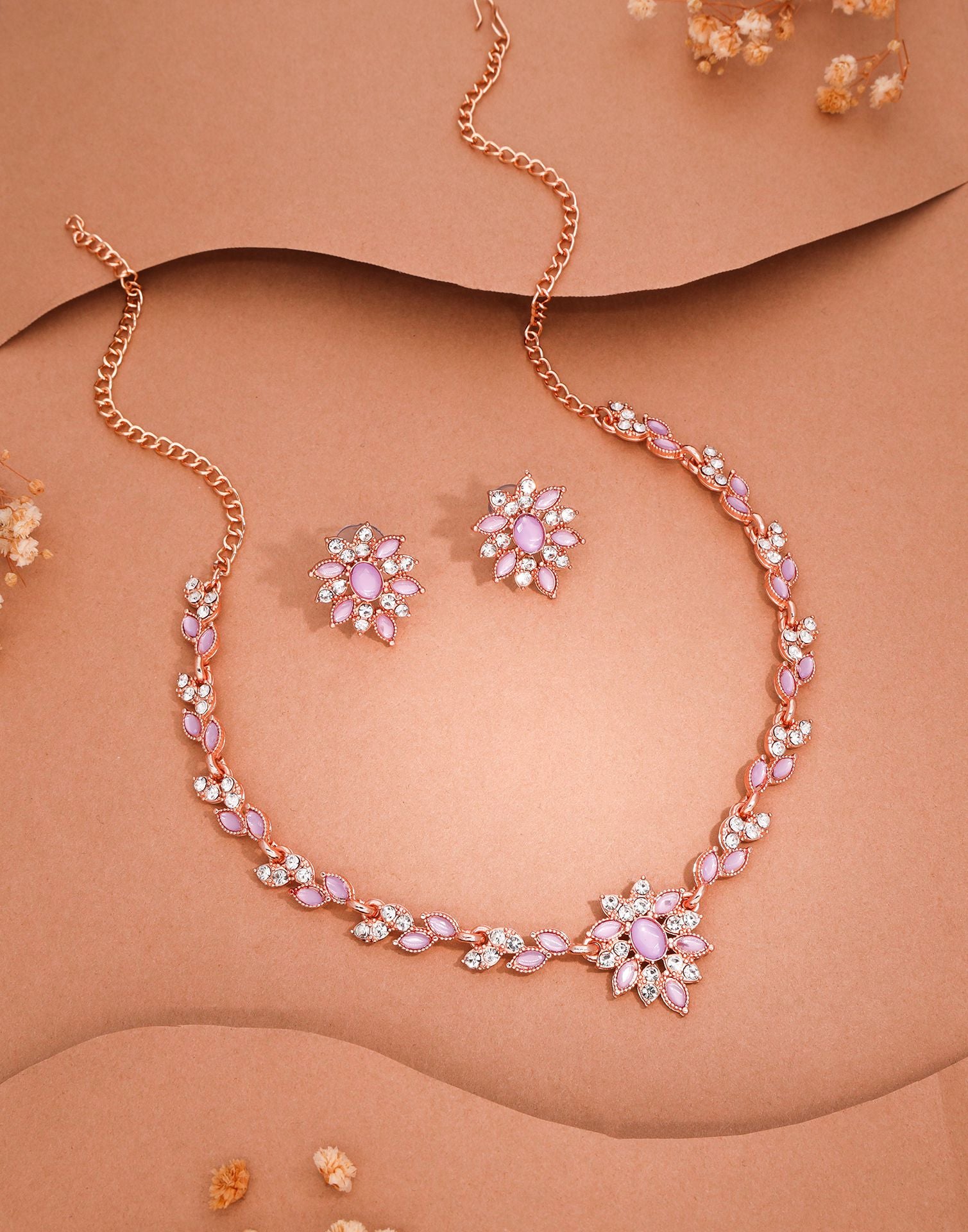 Purple Rose Gold Choker Necklace Set With Stud Earring