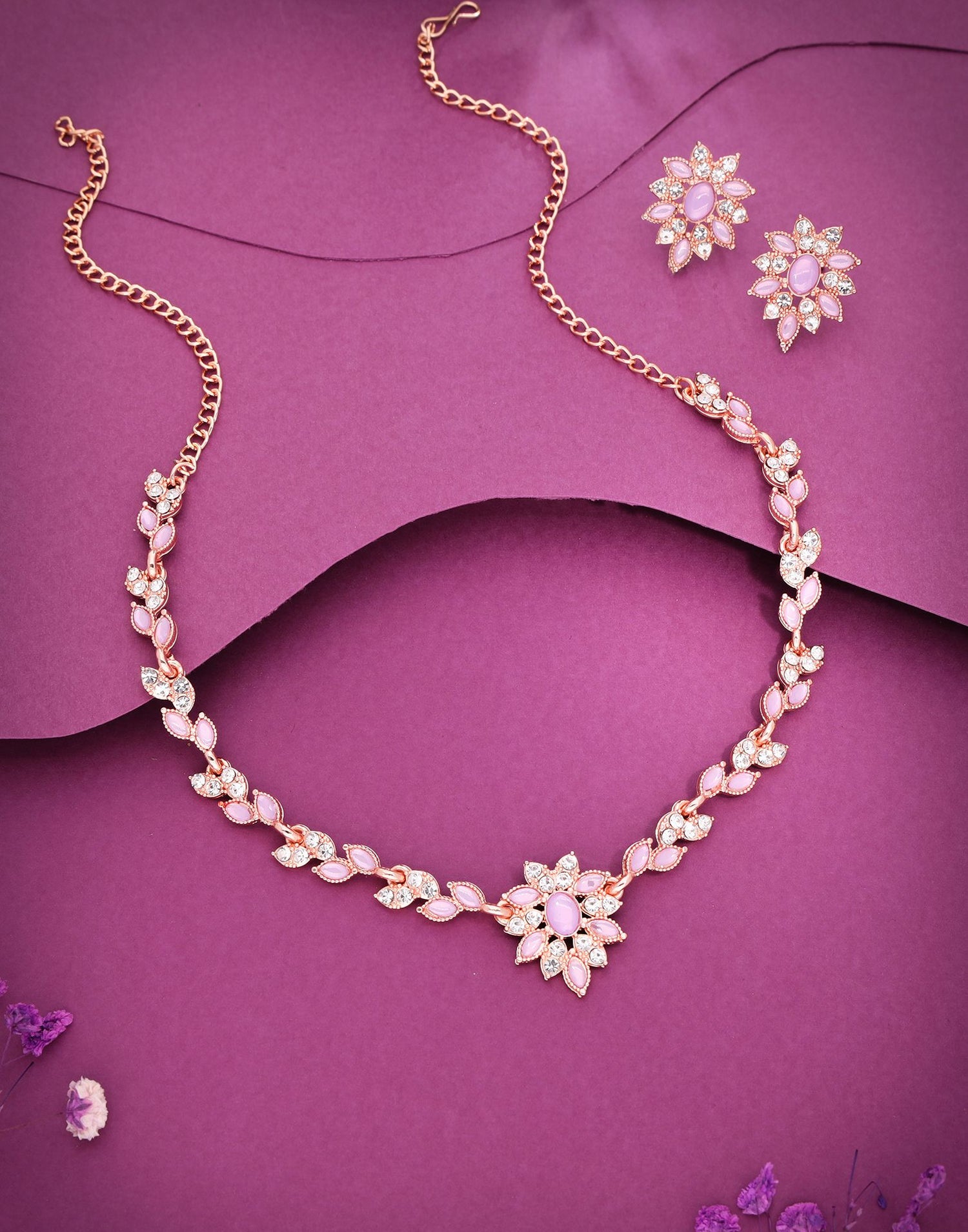 Purple Rose Gold Choker Necklace Set With Stud Earring