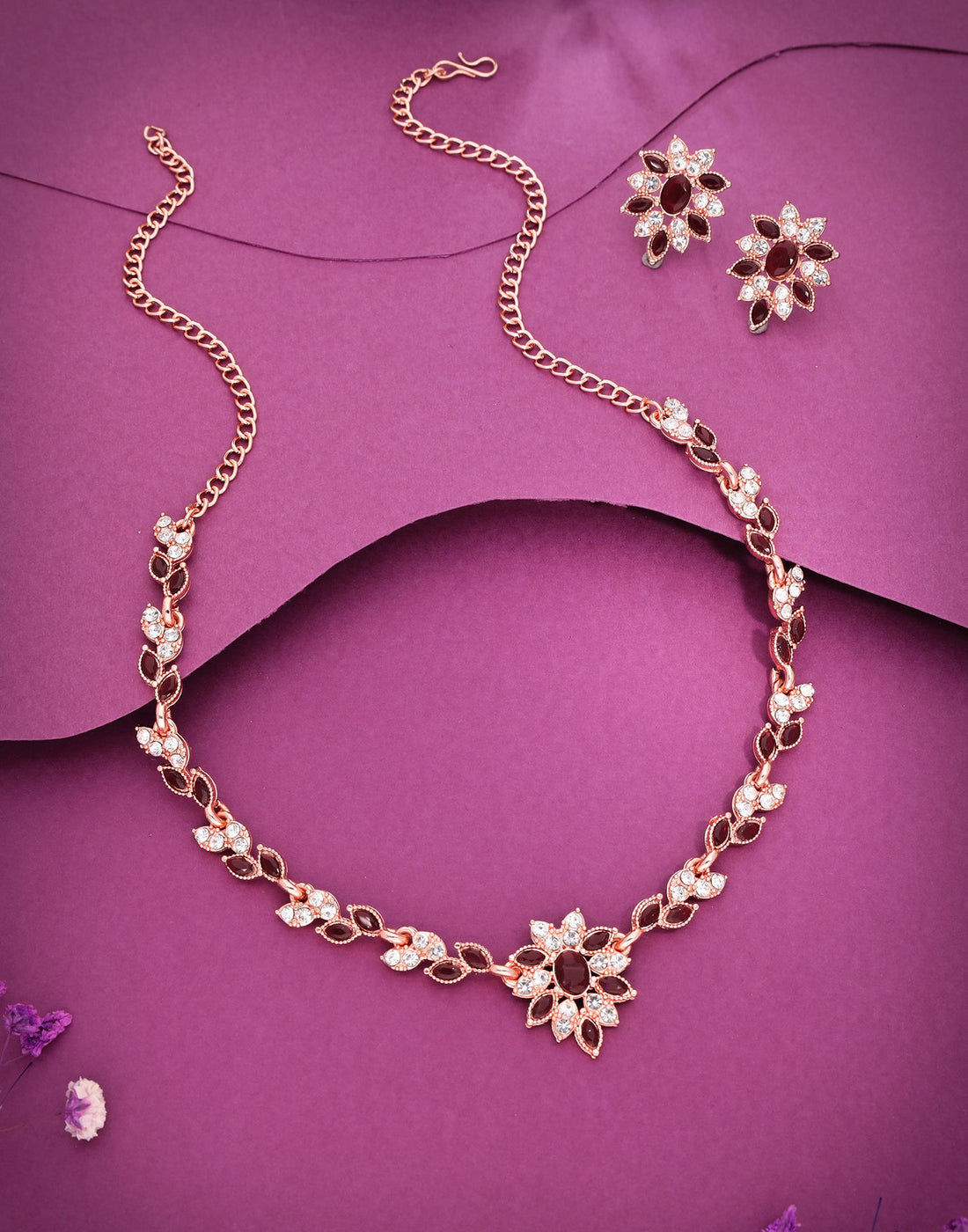 Maroon Rose Gold Choker Necklace Set With Stud Earring