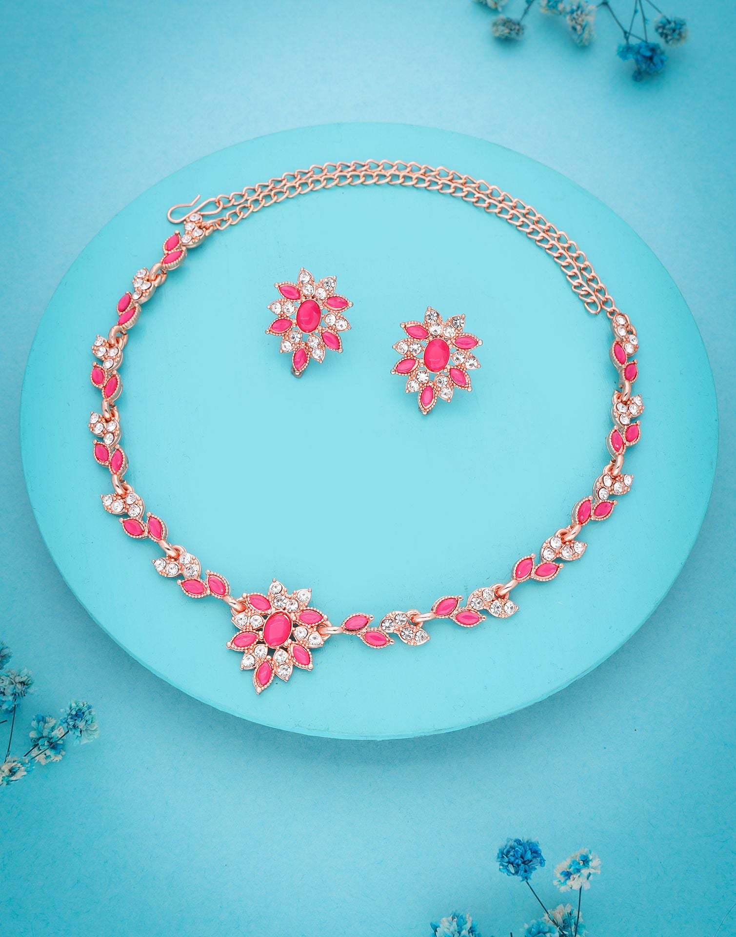 Pink Rose Gold Choker Necklace Set With Stud Earring