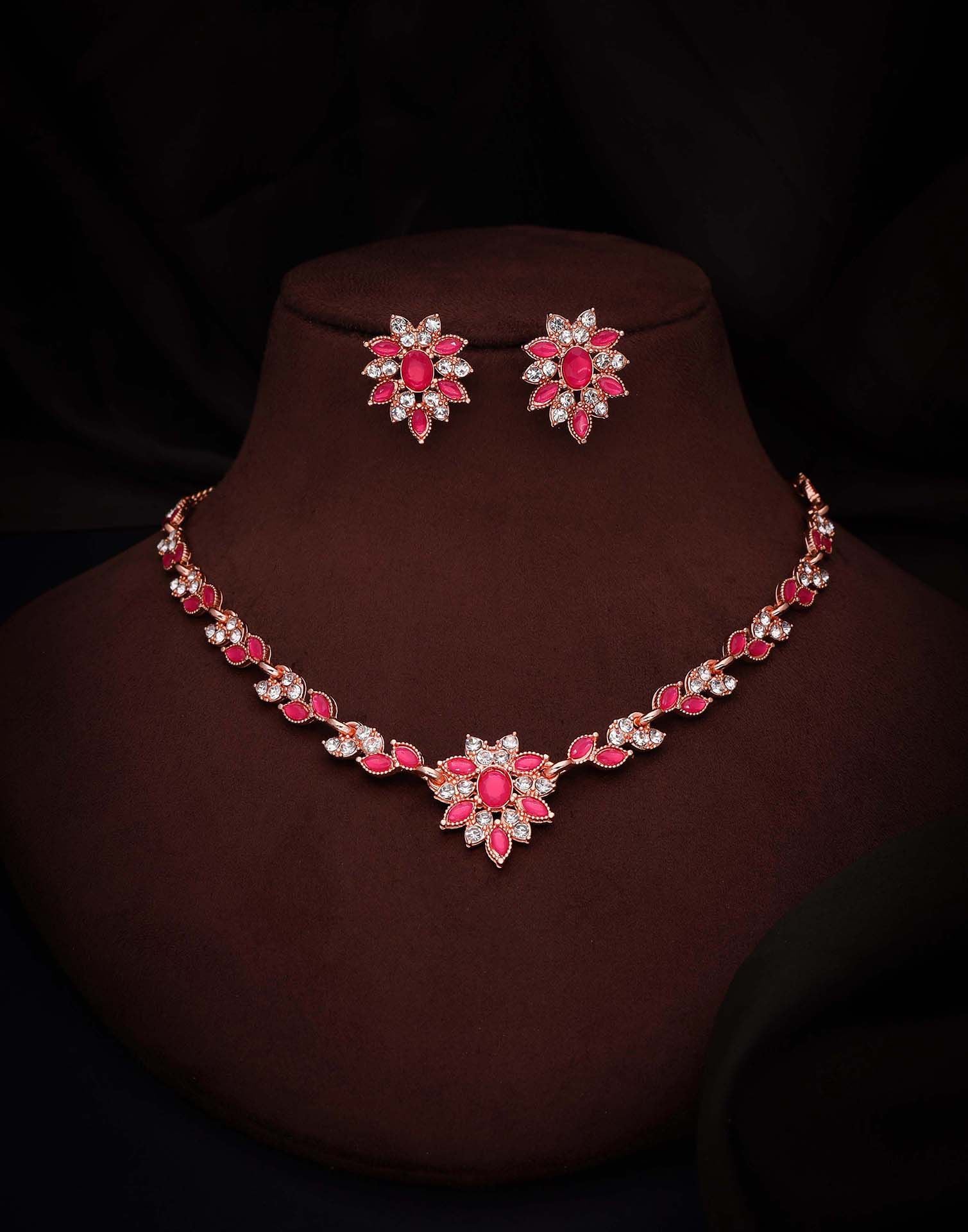 Pink Rose Gold Choker Necklace Set With Stud Earring