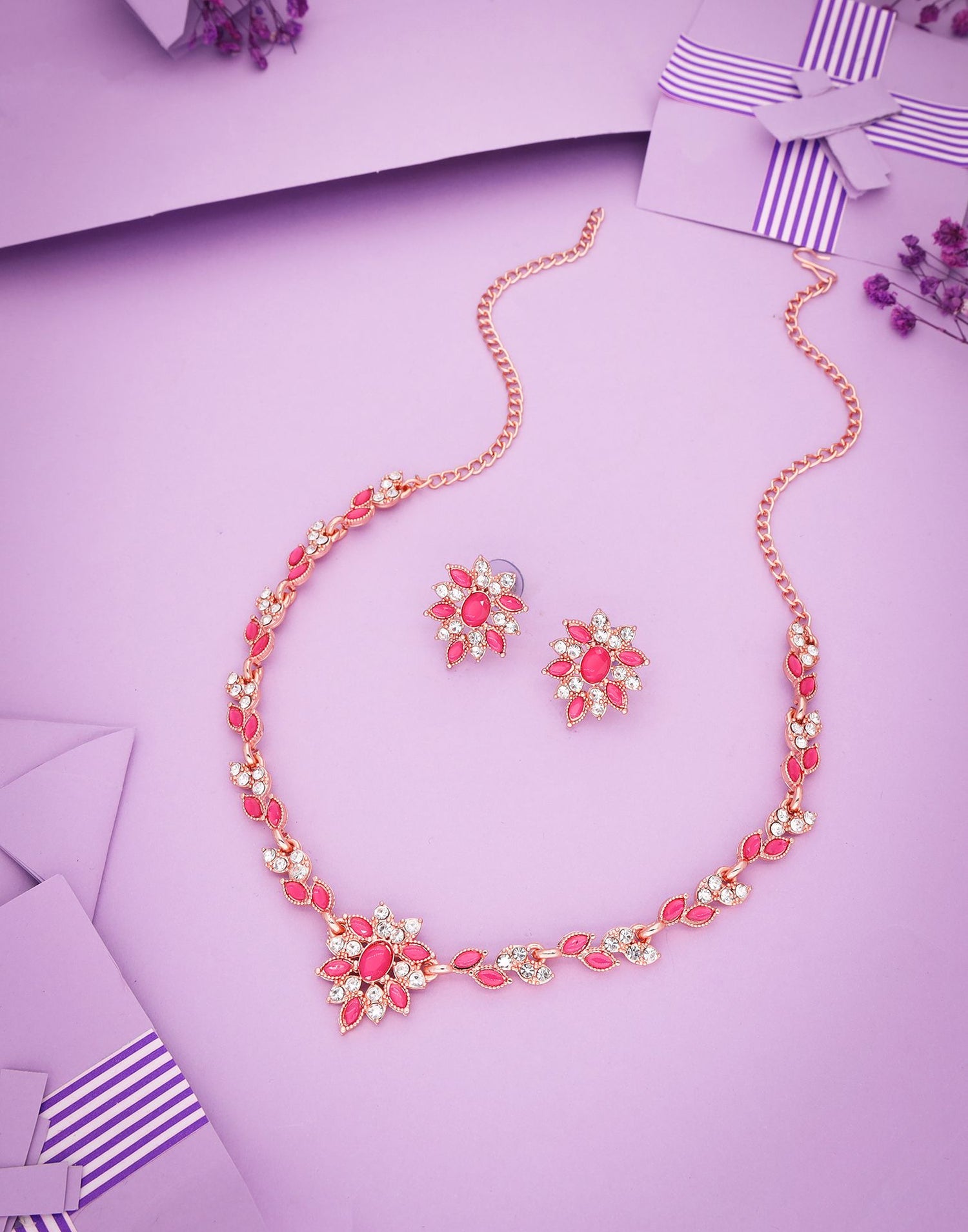 Pink Rose Gold Choker Necklace Set With Stud Earring