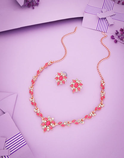 Pink Rose Gold Choker Necklace Set With Stud Earring