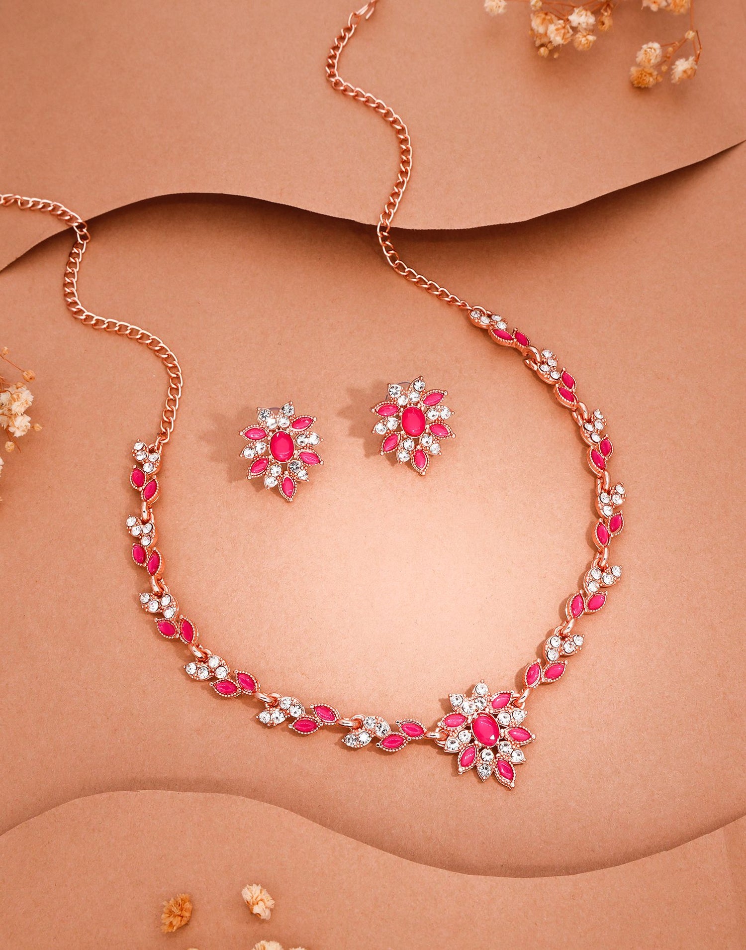 Pink Rose Gold Choker Necklace Set With Stud Earring