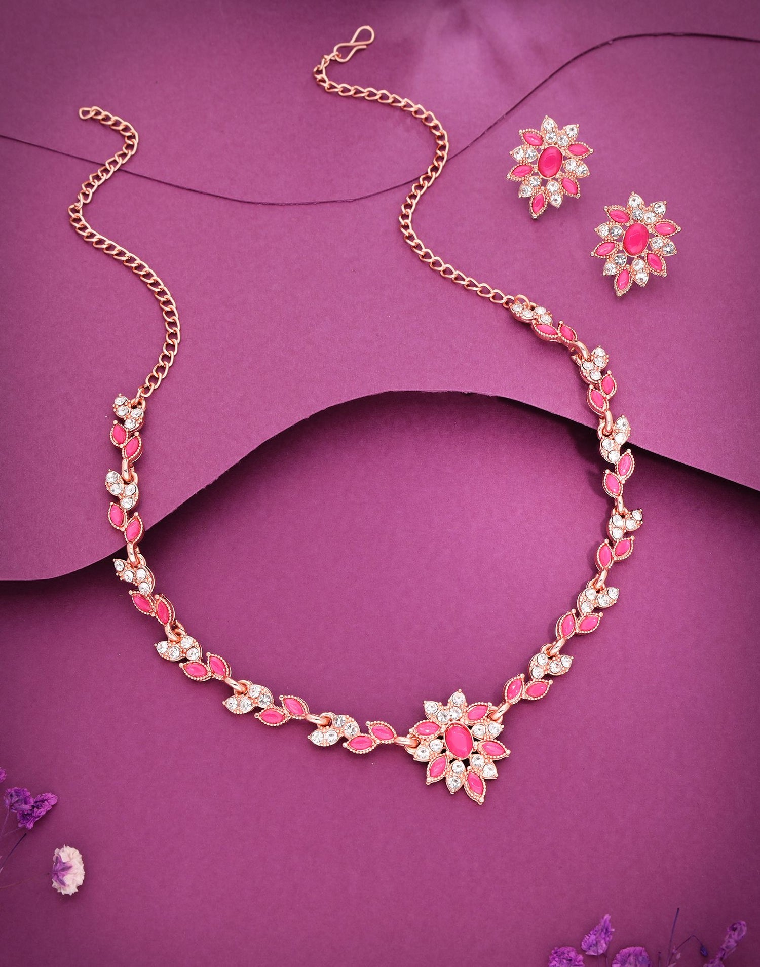 Pink Rose Gold Choker Necklace Set With Stud Earring